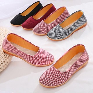 Image of Women's mother shoes solid color plaid beef tendon sole pumps flat casual shoes comfortable