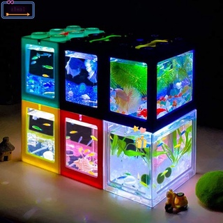 ALMA Aquarium Tank Betta Fish Accessories New Ornamental Betta Fish Tank Pet Decoration LED PVC Building Block Mini Aquarium/Multicolor