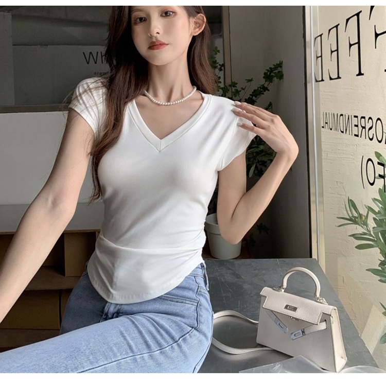 Image of Pure cotton slim fit solid color v-neck short-sleeved T-shirt crop top #6
