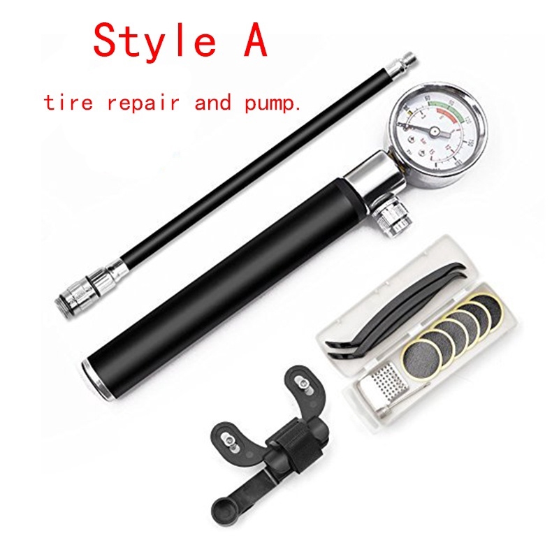 Portable Bicycle High-Pressure Hand Air Pump with Gauge Bike Glueless Puncture Tire Repair Tool Kit Fits Presta Schrader Valves