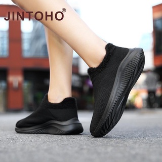 【JINTOHO】Plus Size 35-45 Unisex Loafers Fashion Warm Fur Men Shoes Slip On All Black Shoes For Men And Women #2