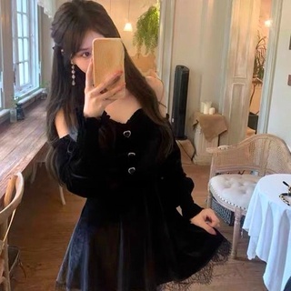 Gothic Black Velvet Dress Evening Party Long Sleeve Y2k Mini Dress Women Vintage Elegant One Piece Dress Korean 21 Autumn Mini Shopee Singapore