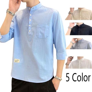 Men's Slim Fit  Shirt Lelaki 3/4 Length Sleeve Half-Sleeved Cotton Linen Stand-Up Collar Baju T Shirt Kurta Lelaki Baju Melayu Plain Top Muslimah Lelaki