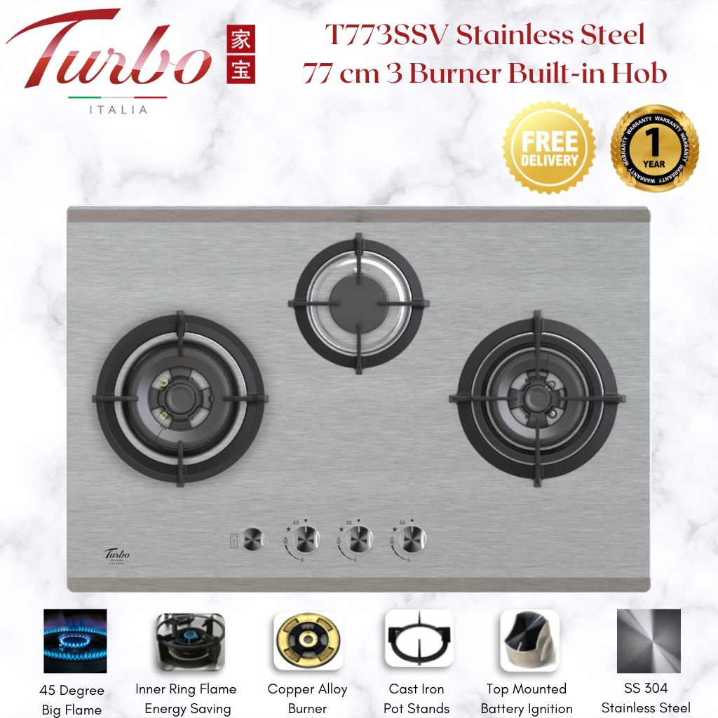 Turbo Incanto T773SSV 77cm 3 burners builtin hob Shopee Singapore
