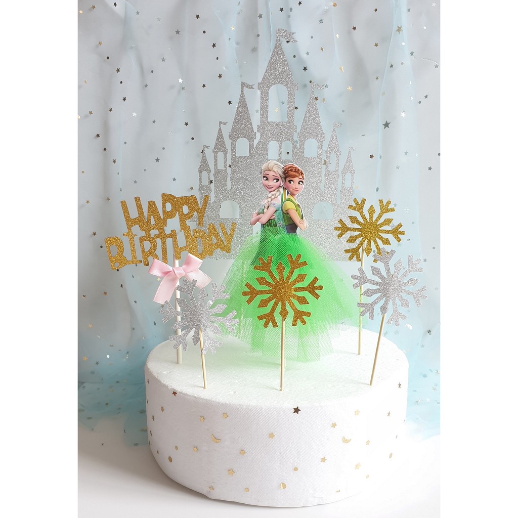 Frozen Cake Elsa And Anna In Organza With Snowflakes And Castle