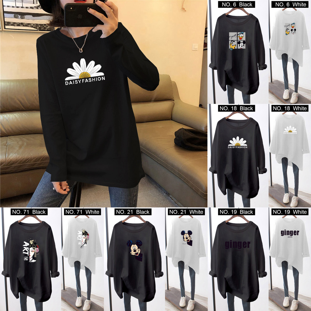 T Shirt Women Lengan Panjang Baju Wanita Blouse M 3xl Sweet Cartoon Daisy Printed Plus Size Big Size Loose Oversized White Black Long Sleeve Long Basic Tee Daisy Top Baju Perempuan Murah T