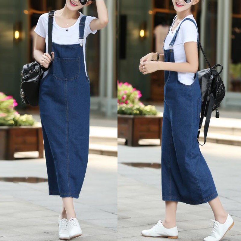 Fashion Women Dungaree Pinafore Denim Look Overalls Casual Loose Long Maxi Dress Shopee Singapore