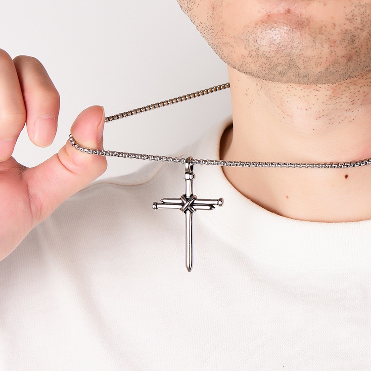 Image of Vintage Stainless Steel Necklace Men Nail Cross Pendant-Chain Necklace Mens Jewellery Christian Church Baptism Gift #8