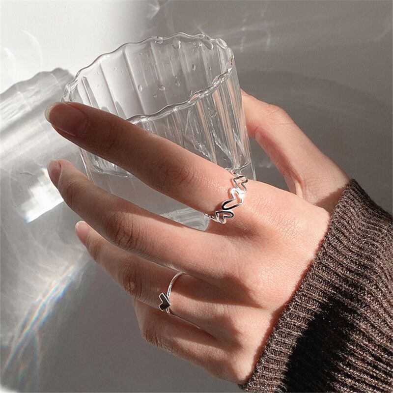 Image of Korean Ring Set Simple Cute Silver  Heart AdjustableRing for Women Accessories Jewelry #4