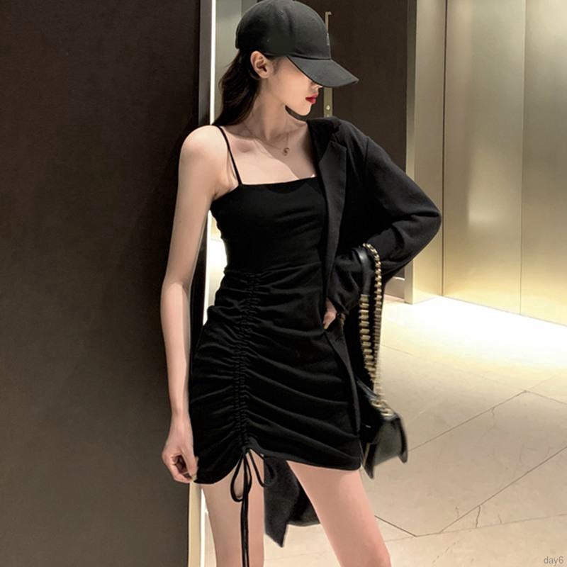 day6 Women Dress Korean Fashion Spaghetti Strap Ruched Drawstring ...