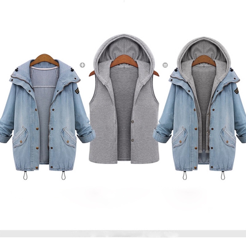 Image of Women and Girls Loose Large Size Two Piece Hooded Denim Jacket Light Blue #5
