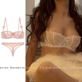 Image of Varsbaby Women Ultra-thin Floral Transparent Underwear Sexy Lace Lingerie and T-thong Bow Half Cup Bra Sets D238