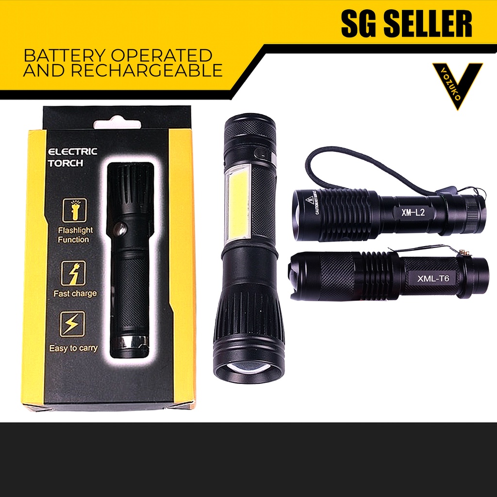 [SG SELLER] LED TORCH LIGHT BATTERY OPERATED AND RECHARGEABLE [L017] Shopee Singapore