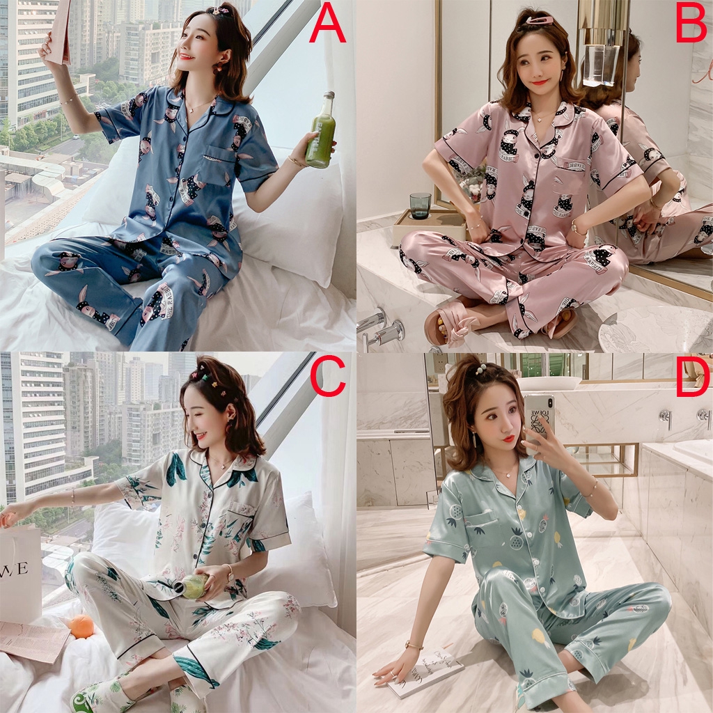 Women Silky Smooth Nightwear Pyjamas Baju  Tidur  Set Satin  