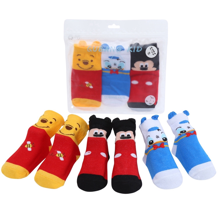 Cartoon Winnie Non Slip Baby Socks 3 Pairs Set with Non Skid Soles for 0-3 Years Infants Toddlers