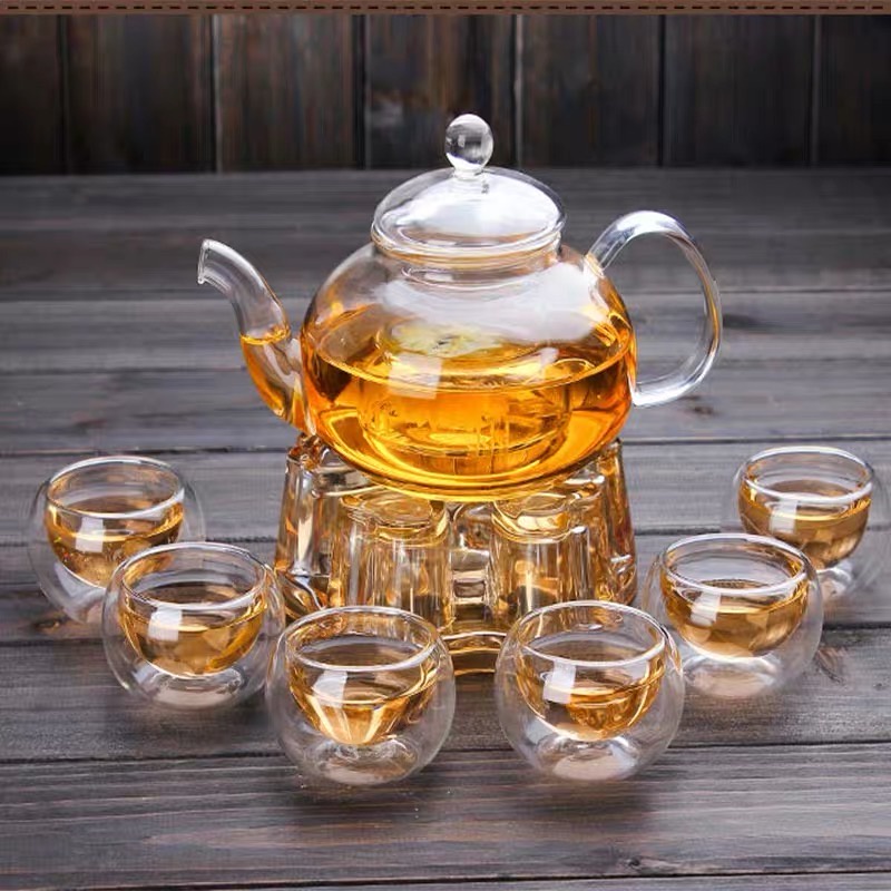 [SG Stock] Borosilicate Glass Tea Pot Set/Heat Resistant teapot with warmer and tea cup set 600