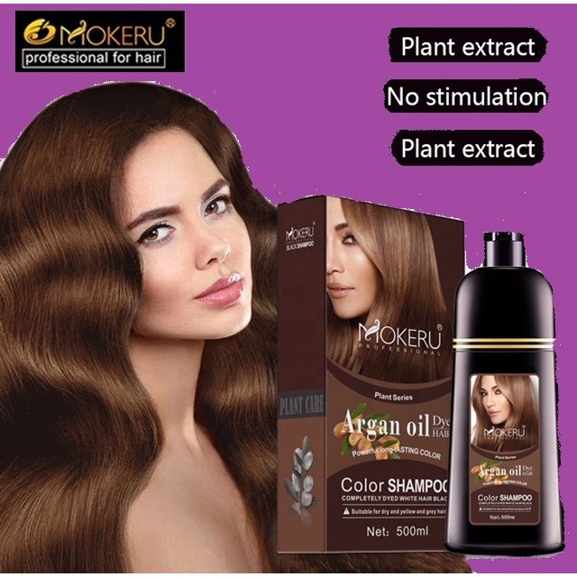 Free Hair Colour Tube Mokeru Argan Oil Brown Hair Dye Shampoo For Men Women 500ml