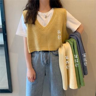 Image of Korean Loose Short V-neck Knitted Vest Sleeveless Short Crop Tops for Women and Girls