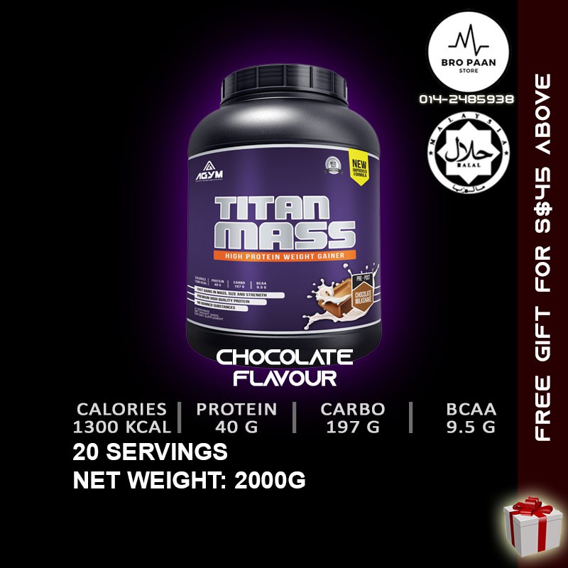 Agym Nutrition Titan Mass 2kg 20 Servings Chocolate Mass Gainer Bulking Halal Certified Kkm Approved Shopee Singapore