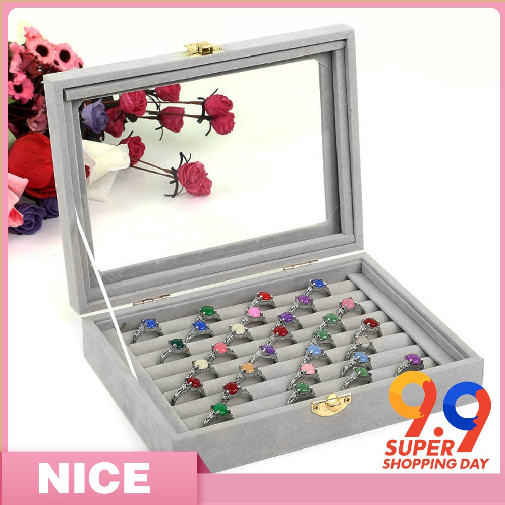 Velvet Glass Jewelry Ring Display Box Tray Holder Storage Box