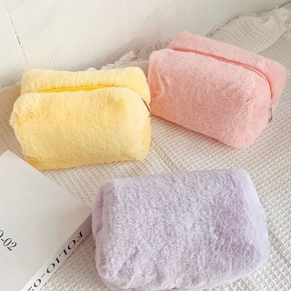 Portable Korean Travel Macaron Zipper Solid Color Toiletry Bag Plush Makeup Bag Cosmetic Organizer S