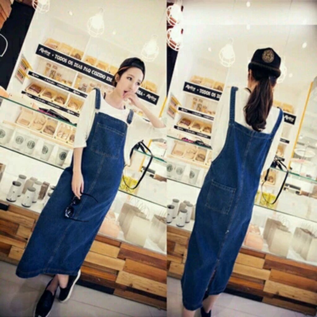 maxi denim pinafore dress