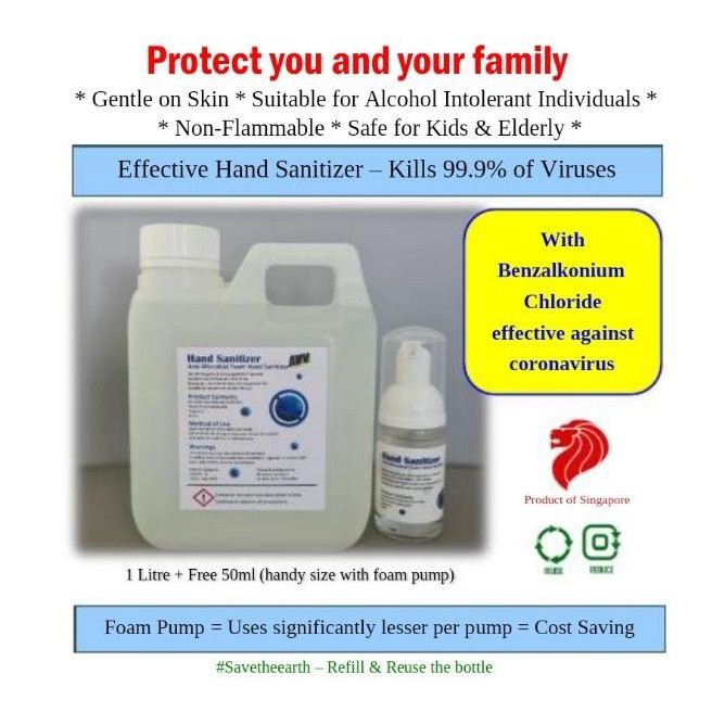 Sg Avv 1l 50ml Free Handy Foam Pump Bottle Non Alcohol Hand Sanitizer With Benzalkonium Chloride Non Toxic Shopee Singapore
