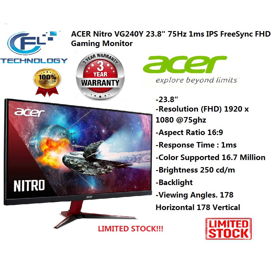 Acer Nitro Vg240y 23 8 Ips 75hz 1ms Fhd Amd Freesync Gaming Monitor Shopee Singapore