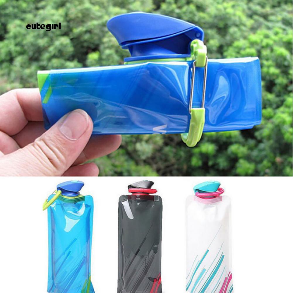 CUTE_700ml Reusable Foldable Flexible Water Bottle Pouch Bag Camping