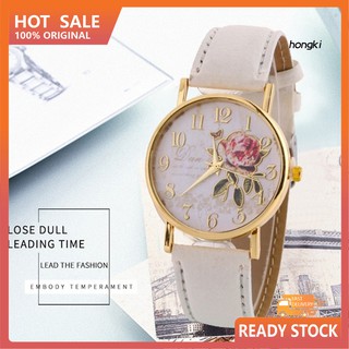 ♕RXSS♕Women Arabic Number Rose Flower Round Dial Faux Leather Band Quartz Wrist Watch