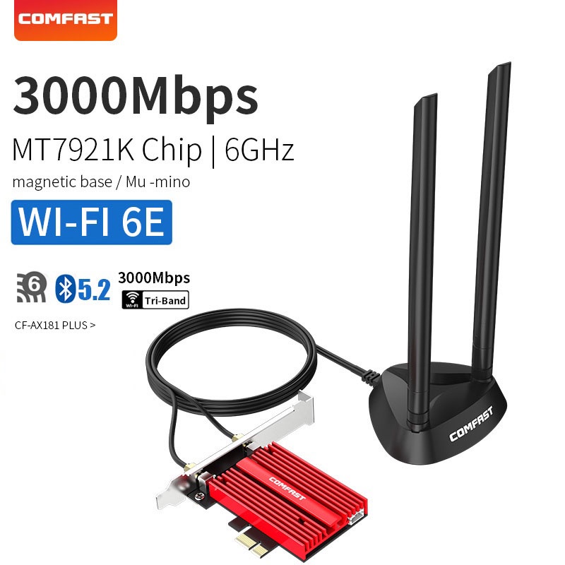 Comfast Wi-Fi 6 WiFi Adapter Bluetooth 5.2 3000Mbps PCIe Tri-band Wifi ...