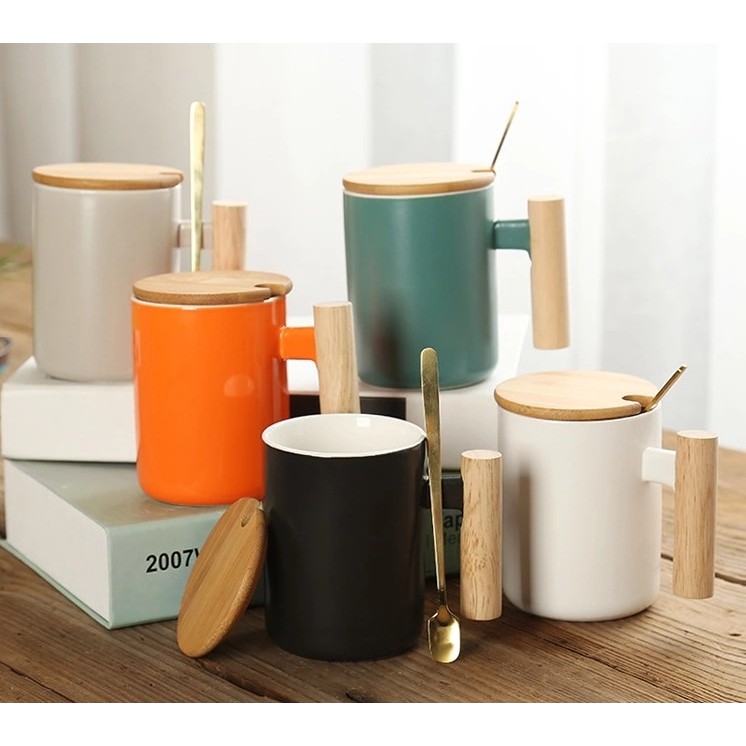 Gift ceramic mug with wood lid and spoon 301400ml ceramic