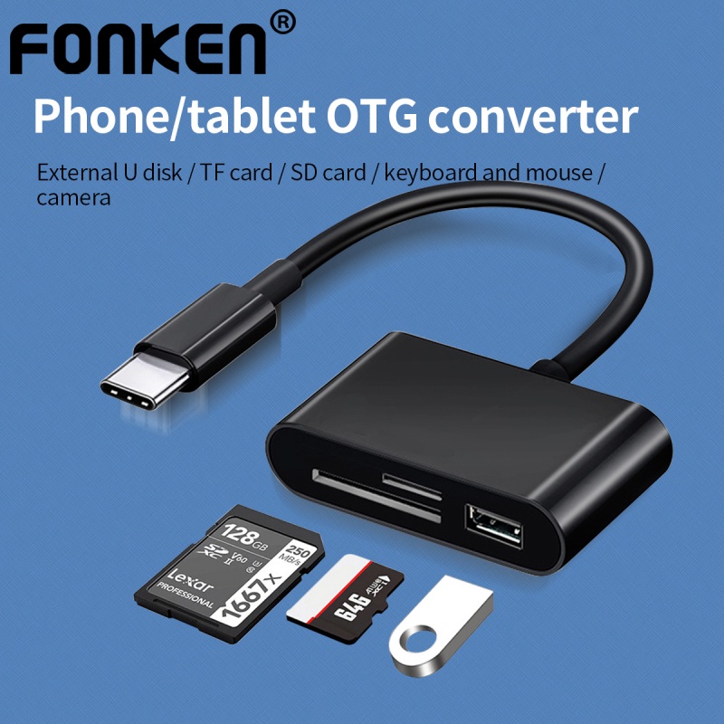 FONKEN 3 IN 1 Type C / Micro USB To SD Card Reader OTG USB Cable Micro SD/TF Card Reader U Disk Reader Adapter Data Transfer for Macbook Cell Phone Samsung Huawei Rp6,283