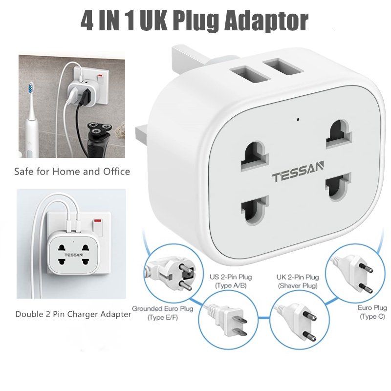 TESSAN Double Power Shaver Plug Adaptor UK with 2 USB, Extension Plug 2 Pin  to 3 Pin Adapter Plug Socket for Bathroom Electric Razor, Toothbrush and EU  US Plugs, 10A Fused - White | Shopee Singapore