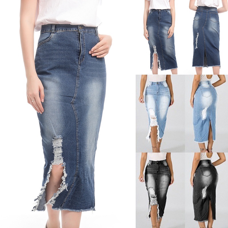 Women S Fashion Casual High Waist Ripped Denim Skirt Lady Trend Bodycon Skirt Shopee Singapore