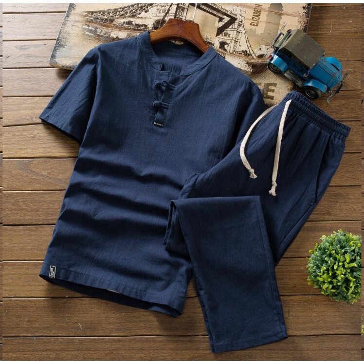  Lelaki  Retro Cotton Linen Lengan Pendek Baju  V Neck Gaya T 