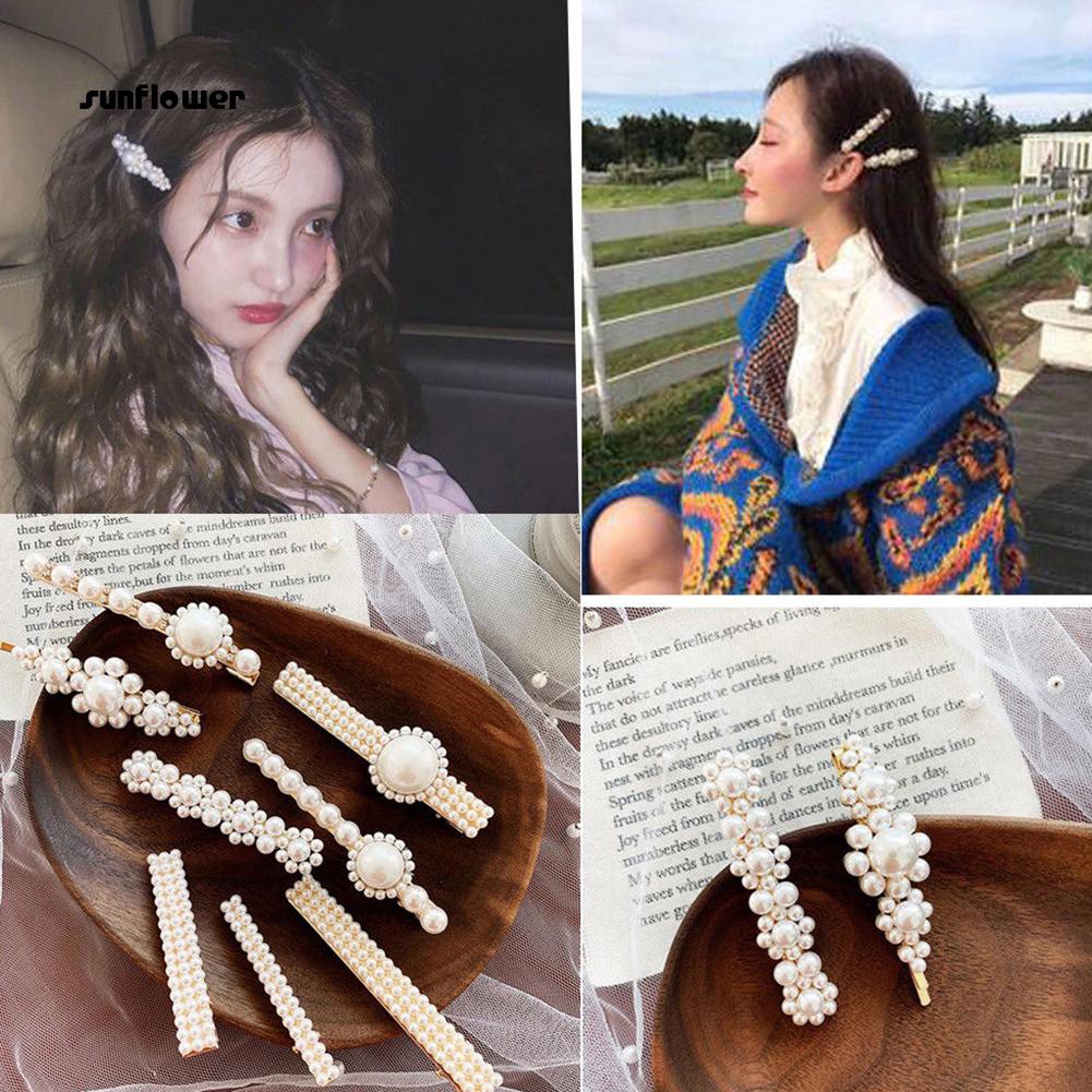 Sunflower Elegant Sweet Faux Pearl Metal Barrette Women Hair Side