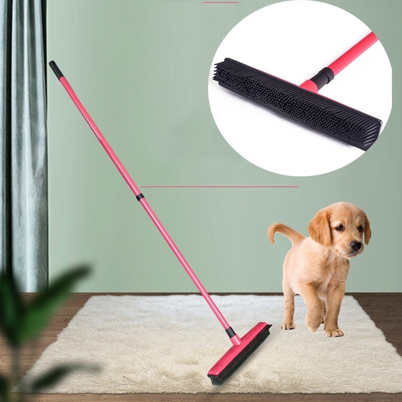 Soft Bristle Rubber Broom Carpet Sweeper for Pet Cat Dog Hair Red Push Broom 