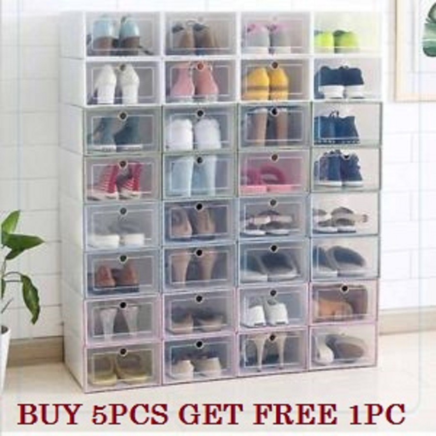 1pc Kotak Simpan Kasut Diy Foldable Clear Plastic Shoe Case Diy Storage Organizer Stackable Tidy Box Shopee Singapore