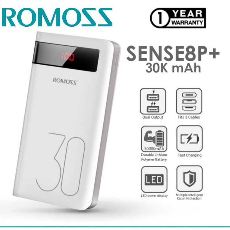 ROMOSS SENSE 8P PLUS Powerbank 30000mAh QC 3.0 Dual Output Type -C ...