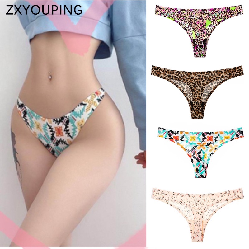 3pcs Sexy Thongs Ice Silk Printed Women Panties Seamless Panty Soft Underwear T-back Mix Color G-str
