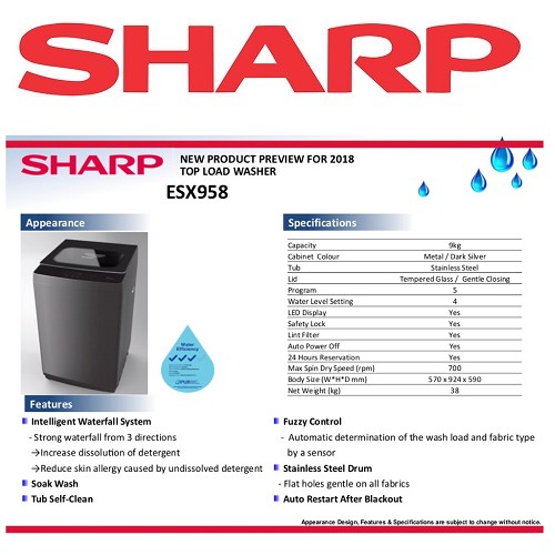 Sharp Esx958 9kg Top Load Washing Machine Shopee Singapore