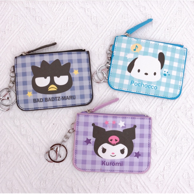 Image of Japanese Sanrio Family Lattice PU Zipper Coin Purse cinnamoroll Change Storage Bag Cute Student Card Holder Work Id Melody Small Wallet Portable Stationery Gift #3
