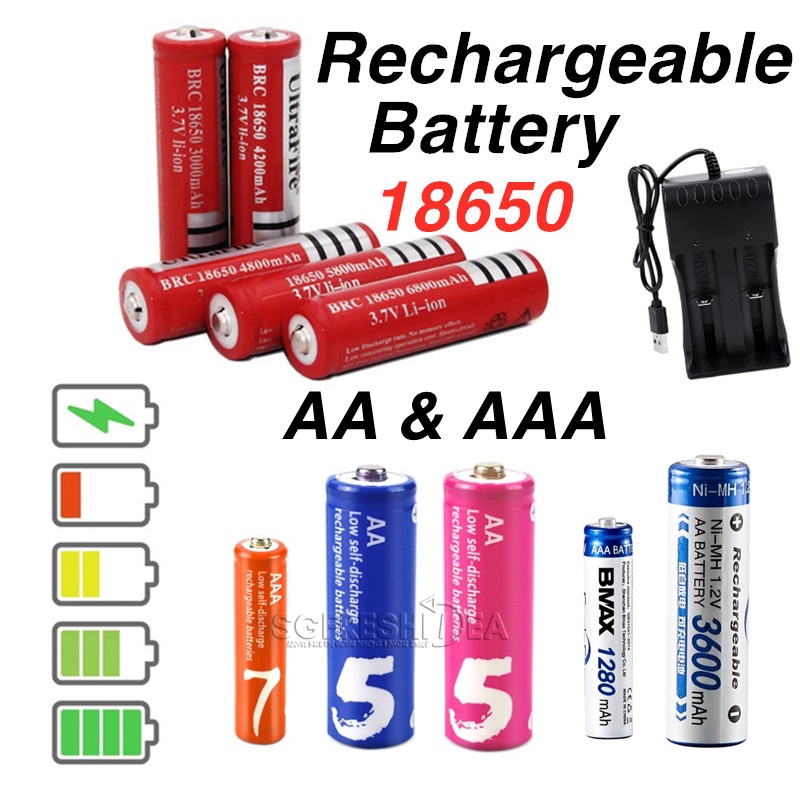 AA AAA Rechargeable Battery 18650 Lithium Ion NiMH USB Chargeable Batteries Charger Rechargable