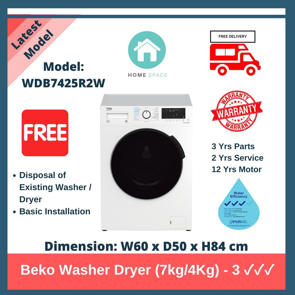 Beko Washer Dryer (7kg/4Kg) with Bluetooth (WDB7425R2W) + FOC Delivery ...
