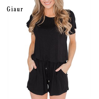GA_Solid Color Striped Women Short Sleeve Elastic Waist Jumpsuit Romper with Pocket