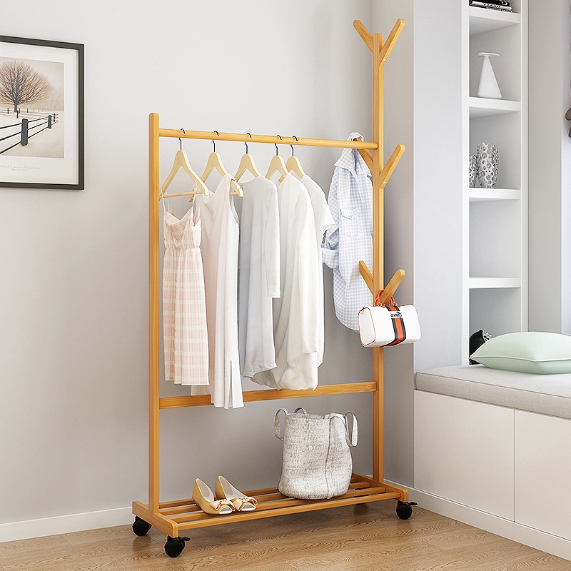 Coat Rack To Ground Solid Wood Clothes Hanger Household Bedroom Clothes The Shelf Concise Modern Can Move Coat Hanger