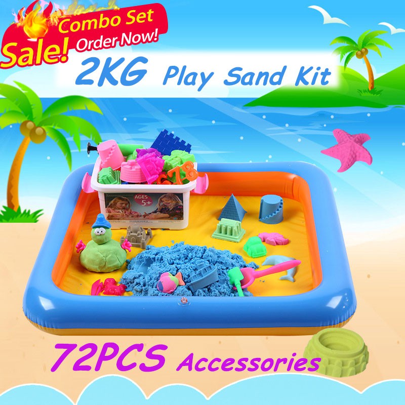 Play Sand Kit - 32 PC Sand Toy Set 3.3lbs Magic Sand, Molds & Tools Blue