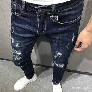 Social Smart Guy Celebrity Online Sensation Trendy Men Autumn and Winter New Korean Slim Blue Ripped Ankle-Tied Jeans Scratch