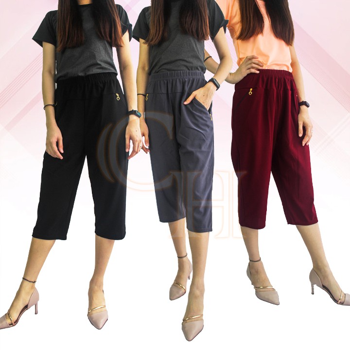 [Shop Malaysia] (harga borong) lady/women stretchable casual knee length pants 3/4 length zip pockets (3/4 panjang seluar perempuan)